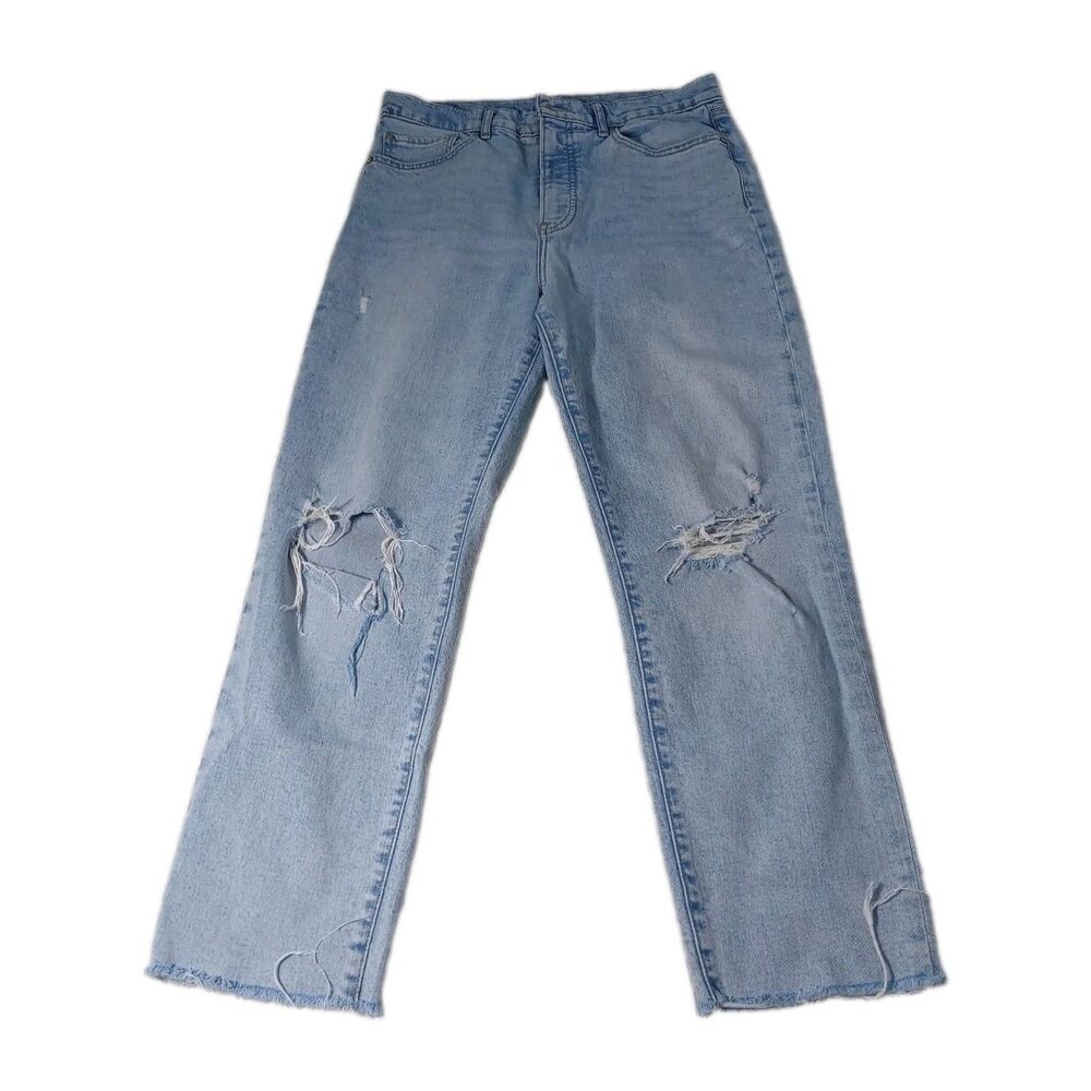 EXPRESS Mom Jeans Size 10R Super High Rise Distressed Ripped Light Wash Stretch